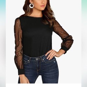 Floerns Women's Pearl Sheer Mesh Long Sleeve Tops Blouse Sz. S